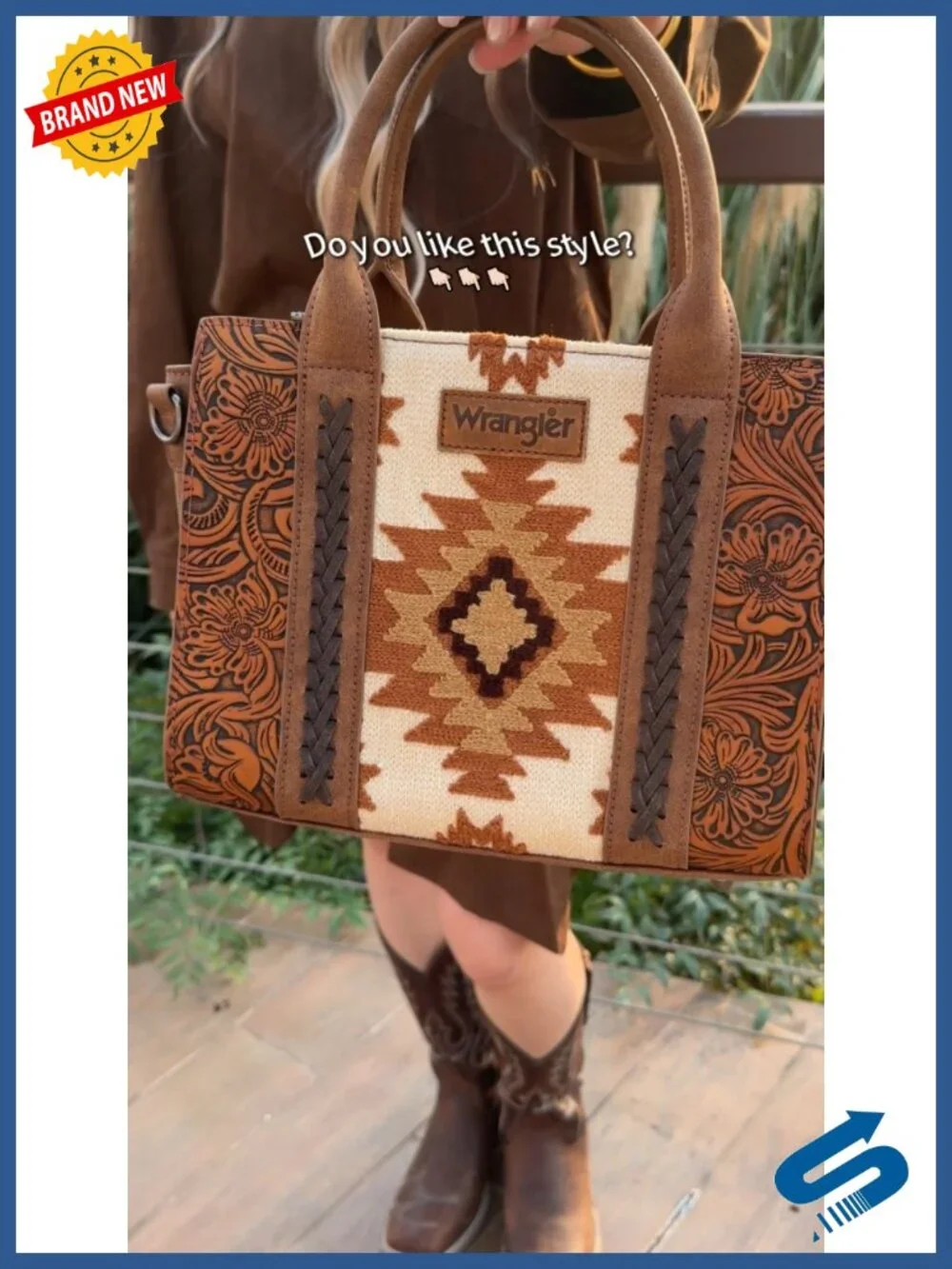 Genuine Leather Aztec Tapestry Western Tote Satchel with Whipstitch Details
